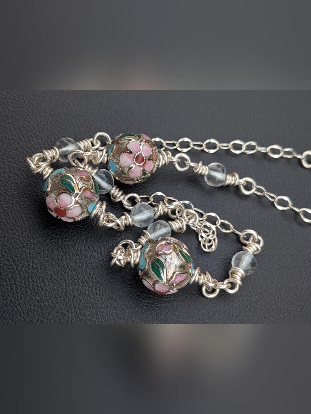 Sterling Silver Flower Necklace - Vintage Cloisonne Beads - Topaz Gems - Picture 6 of 14